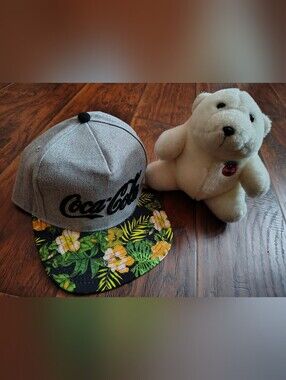 Coca-Cola tropical snapback hat and vintage polar bear stuffed animal bundle